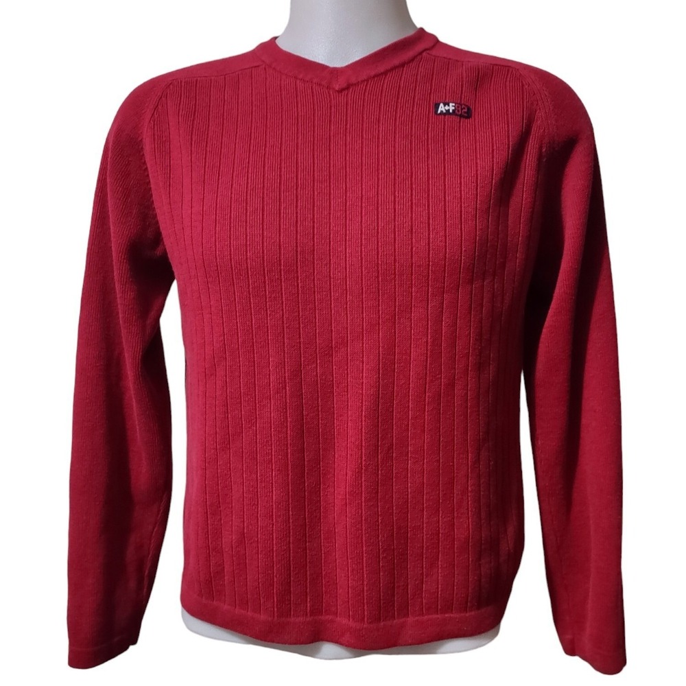 Abercrombie & Fitch Sweater Men's Large Red V-Neck Long Sleeve A+F 92 Knit Logo.